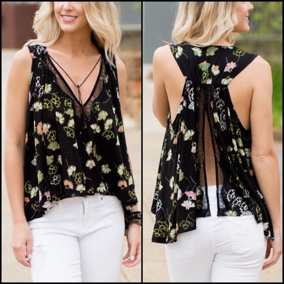 Free People Tops - Free People Floral Back Slit Back Blouse Tank Top
